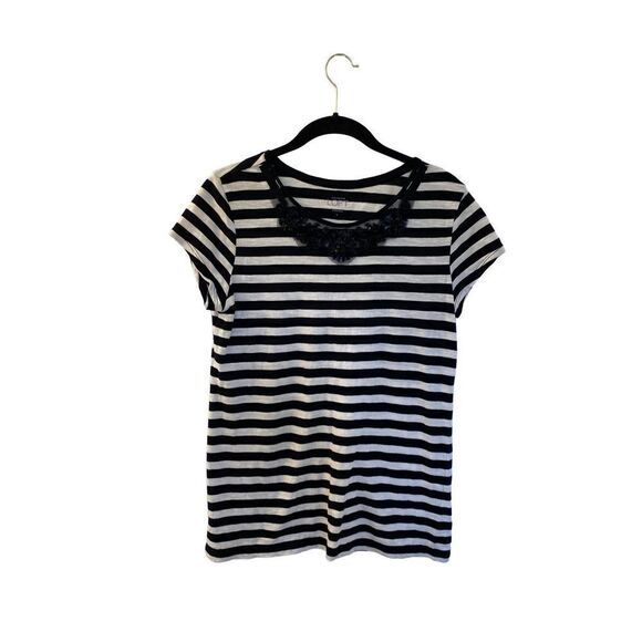 Loft women’s black and white striped tee with sequin floral detail size small ￼ - Picture 2 of 4